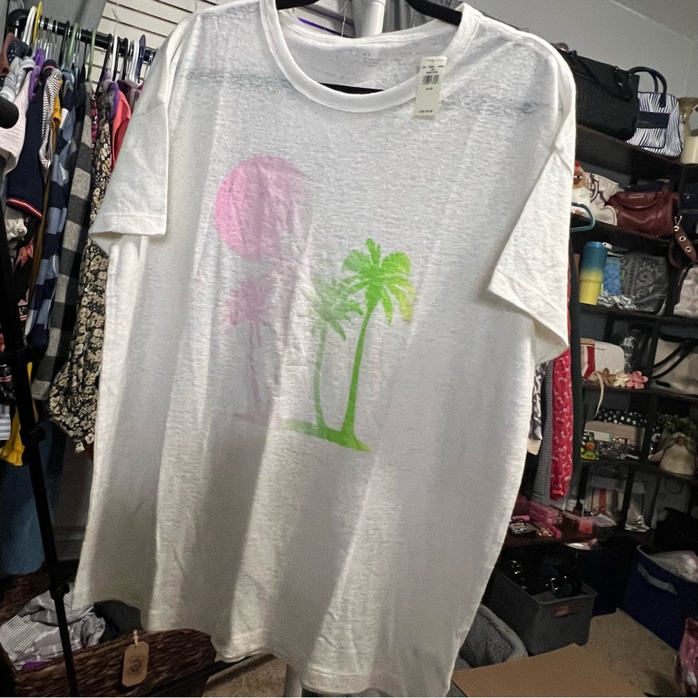 Aerie White Tee with Pink and Green Graphic